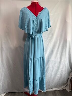Simplee Apparel Light Blue V-Neck Tiered Maxi Dress